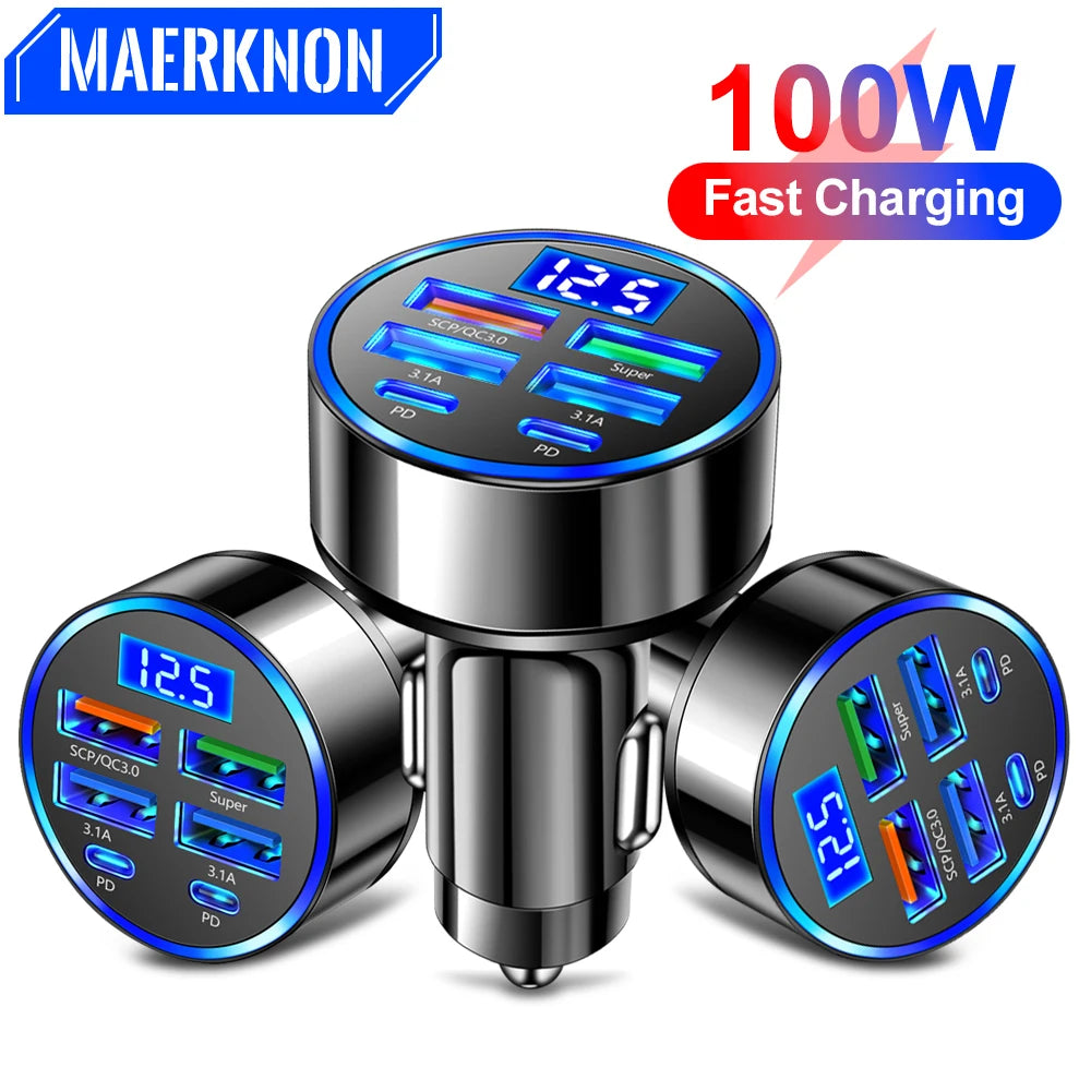 Car Charger 100W Support Super Fast Charging 6 In 1 Multi-port Voltage Car With Vehicle Digital Display Mobile car Phone Charger