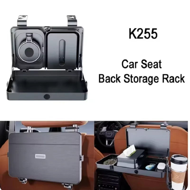 Car Backseat Organizer with Foldable Tray Dual Cup Holders Large Storage Space Easy to Install Vehicle Seat Back Accessories