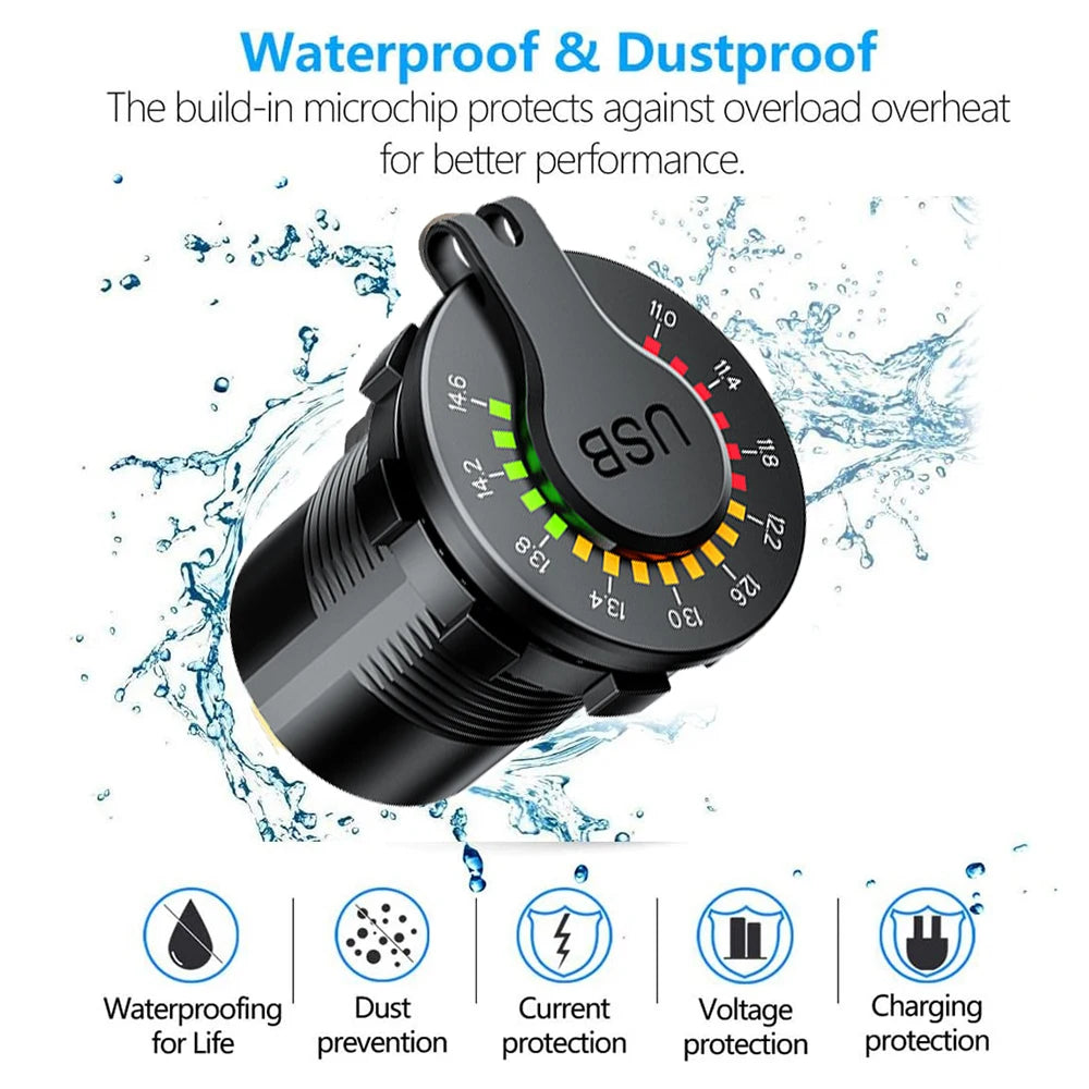 Car Charger with LED  36W Dual USB QC 3.0  12/24V Waterproof USB PD Outlet Fast Charge For Car Motorcycle