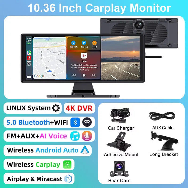 Universal DashCam 10.33" Car Intelligent 4K Car DVR Dash Cam Wireless CarPlay & Android Auto MP5 Bluetooth WIFI Rear Reversing