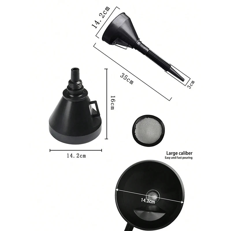 Universal Oil Funnel Kit w/Filter – Durable Plastic Fine Mesh Leak-Proof for Cars/Motorcycles/ATVs/Trucks Incl Extensions & Hose
