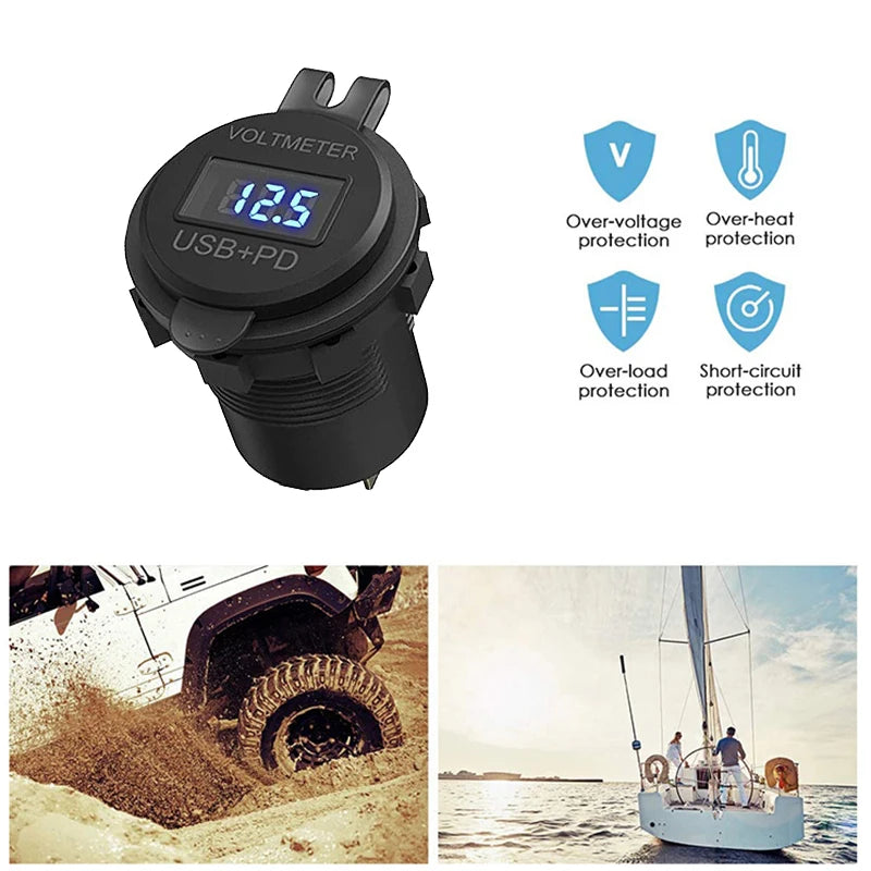 Car USB Charger QC3.0 PD Type C USB with Switch Socket for 12V/24V Vehicles Boat Motorcycle SUV Bus Truck Caravan Marine