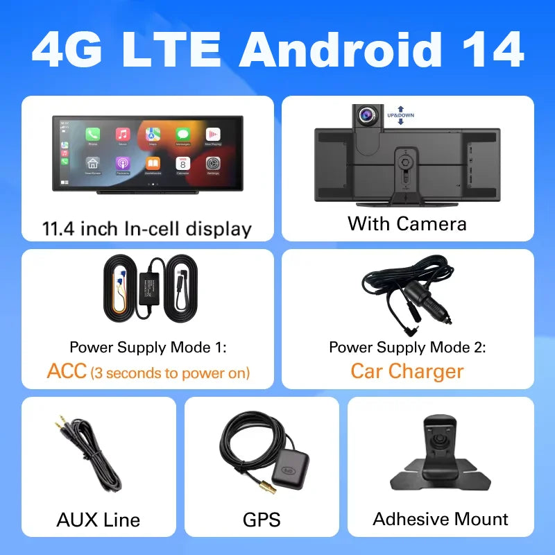11.4inch 4G Android 14 8+128G Dashcam 8 Core Wireless CarPlay & Android Auto Split Screen Remote Monitoring Car DVR