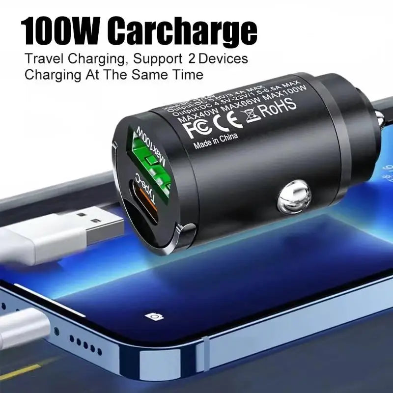 100W 12V-24V USB Mini Car Charger Type C QC3.0 PD Car Chargers Auto Fast Charging Phone Charger Adapter For iPhone Huawei Xiaomi