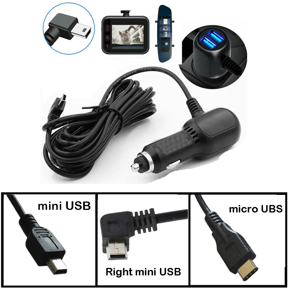 Car GPS Charger Car Driving Recorder Power Cord Dual USB 2 In 1 Multi-function Car Charger 11.5ft Power Cord Supply