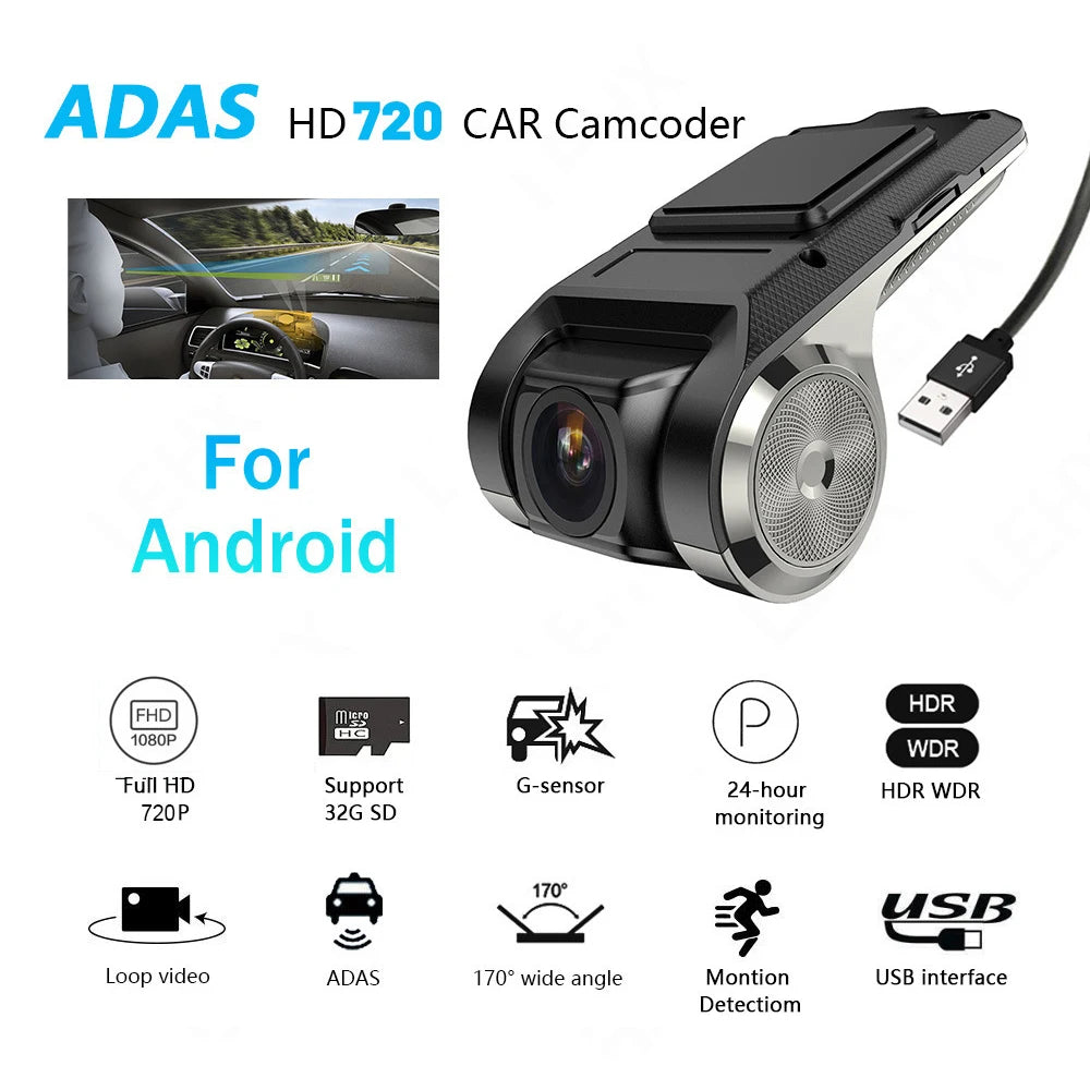 For Car DVD Android Player Navigation Full HD 720P Car DVR USB ADAS Dash Cam Head Unit Auto Audio Voice Alarm LDWS G-Shock