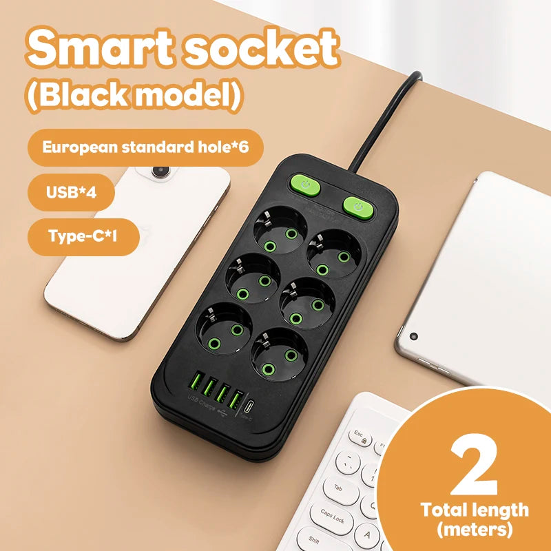 EU Plug Outlet 4 Sockets Multitap Wall Power Strip Electrical Socket 2 USB 1 Type-C Ports No Extension Cord with 2500W MAX Power
