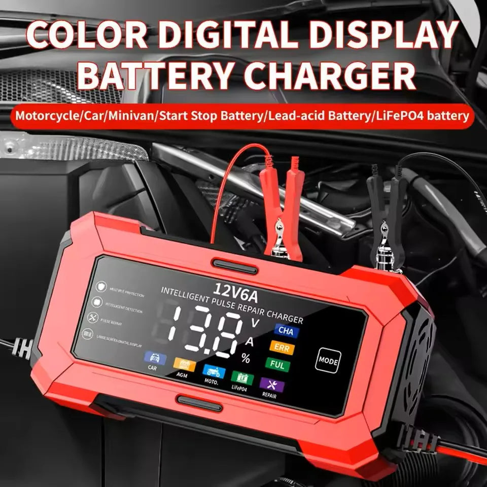 Large Screen Car Battery Charge 12V 6A Battery Charger Smart Fast Charging for Car Batteries  For Car Motor AGM GEL WET etc.