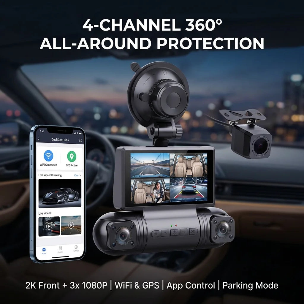 4 Channel Dash Cam 2K Front +1080P Left Right Rear Car DVR Camera WiFi Night Vision 3.0" Screen Parking Monitor 24H Parking Mode