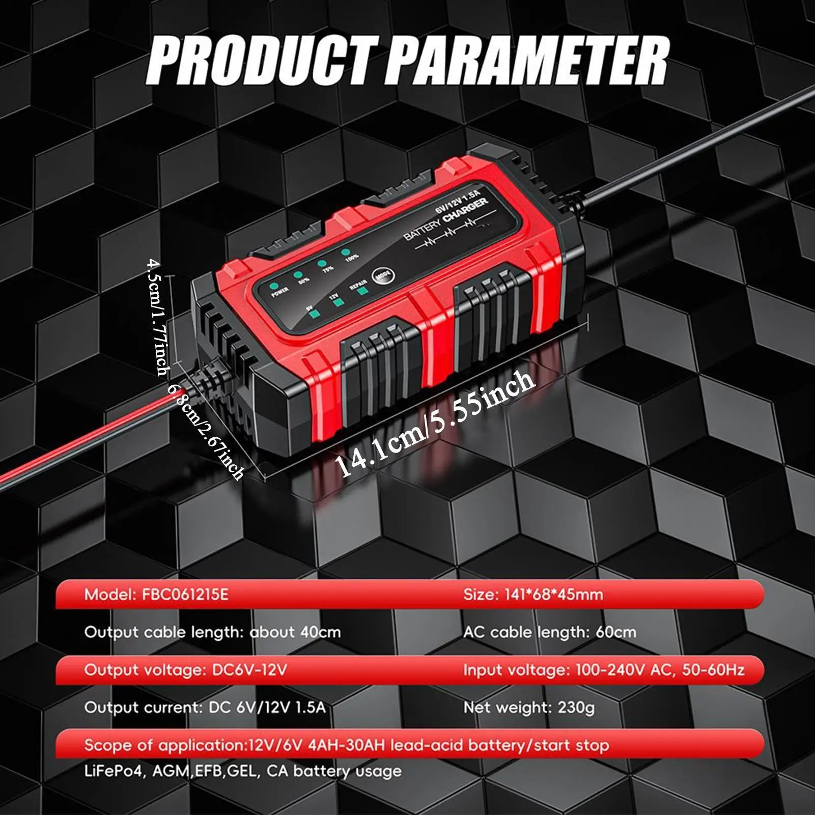 6V/12V 1.5A Car Battery Charger Smart Charger Car and Motorcycle Battery Charging Unit for Lead-Acid AGM GEL Batteries