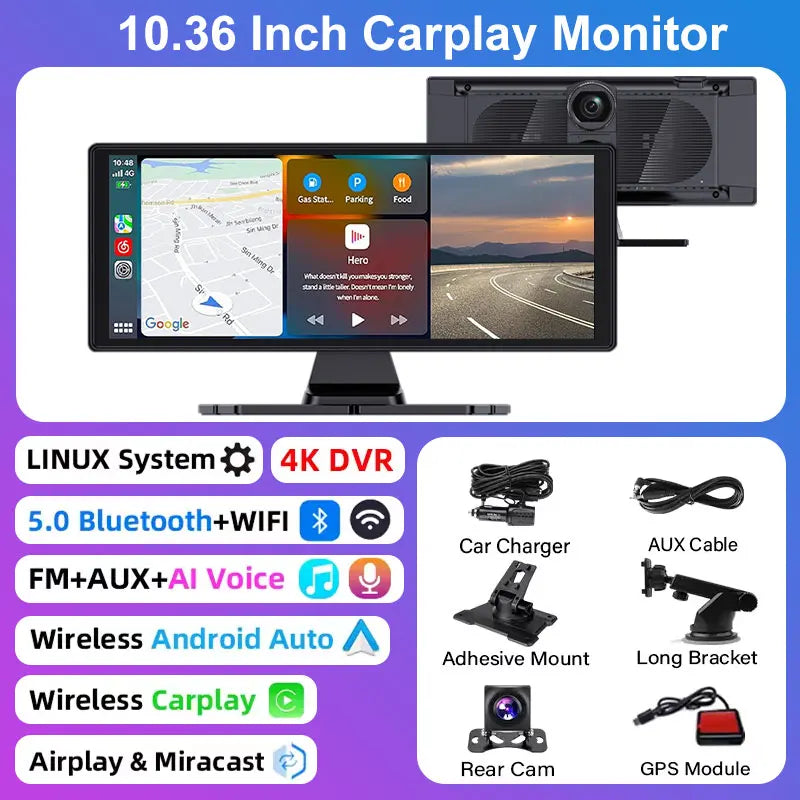 Universal DashCam 10.33" Car Intelligent 4K Car DVR Dash Cam Wireless CarPlay & Android Auto MP5 Bluetooth WIFI Rear Reversing