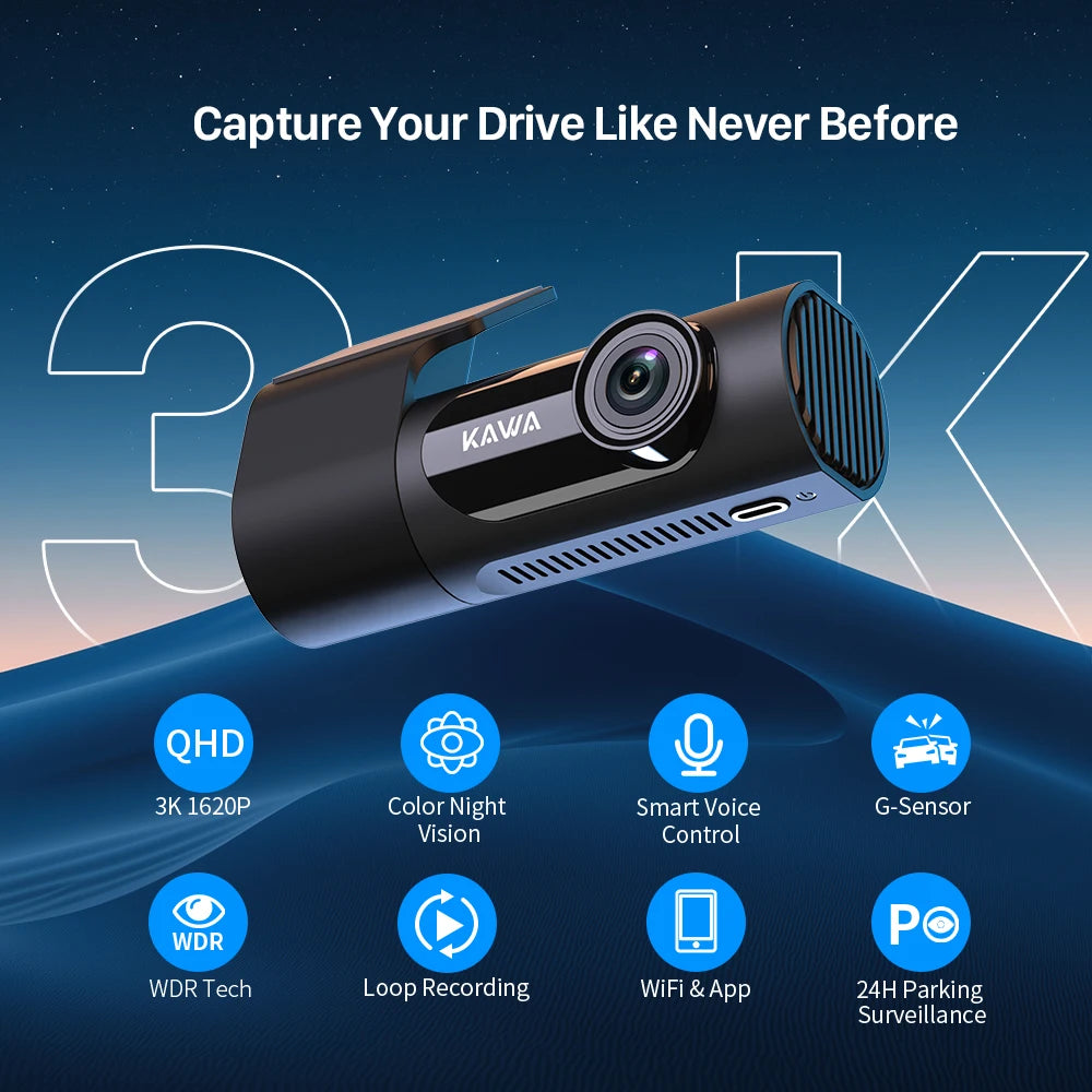 Dash cam KAWA D6 3K Video Recorder Car Dash Camera for AUTO, Car DVR Voice Control,Night Vision Dashcam  Upgrade
