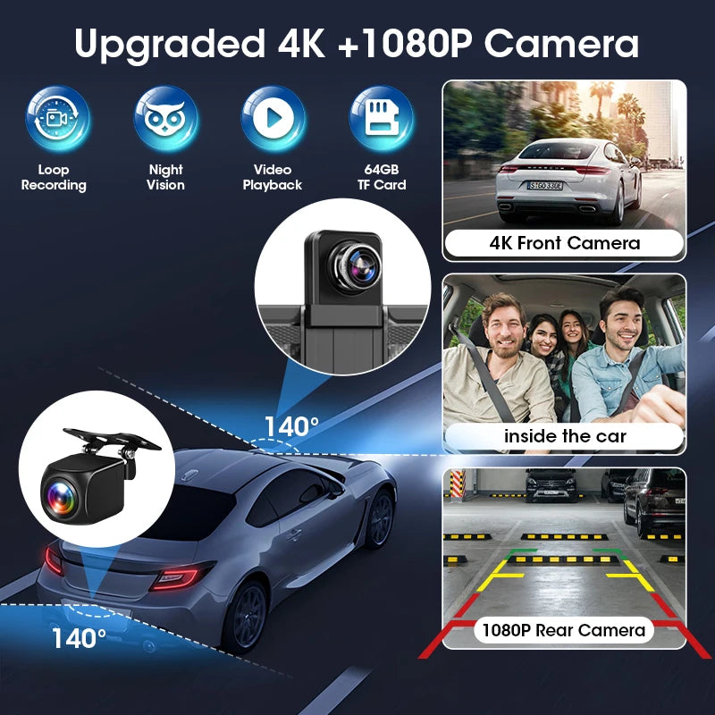 10/11.26 inch 4K Dash Cam Wireless Carplay & Android Auto Car Dvr 360 ° Rotation Dual Lens Video Recorder Dashboard Truck Camera