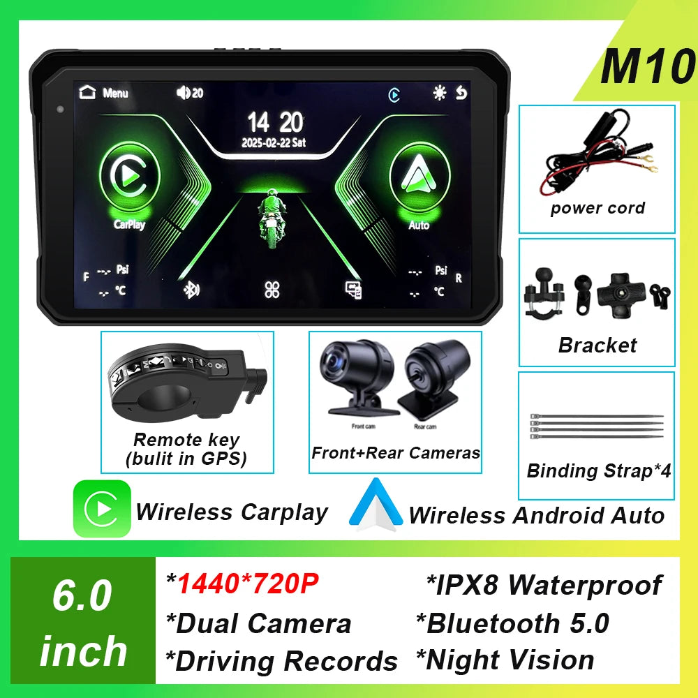 6 inch Screen For Car Motorcycle Waterproof  IPX8 Monitor Dash Cam GPS Navigation Wireless Carplay Android Auto With TPMS DVR