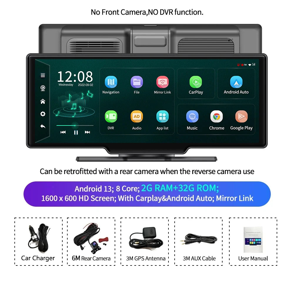 10.26''Dashboard Android 13 Dash Cam 5.1Bluetooth U Disk ADAS GPS Navigation FM AUX 24H Parking Monitor Car DVR Video Recorder