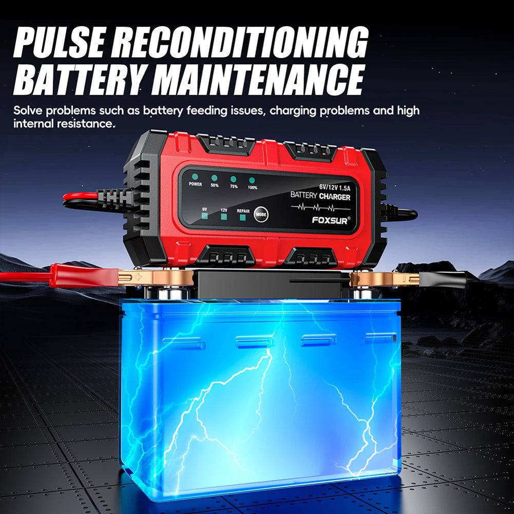 6V 12V 1.5A Car Battery Charger Car and Motorcycle Battery Charging Unit Motorcycle Smart Charger for Lead-Acid AGM GEL Battery