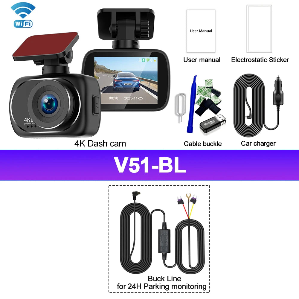Dash Cam Dual Lens 4K UHD Recording Car Camera DVR Night Vision Video Recorder Support GPS Wi-Fi Black Box 4K Rear View Camera