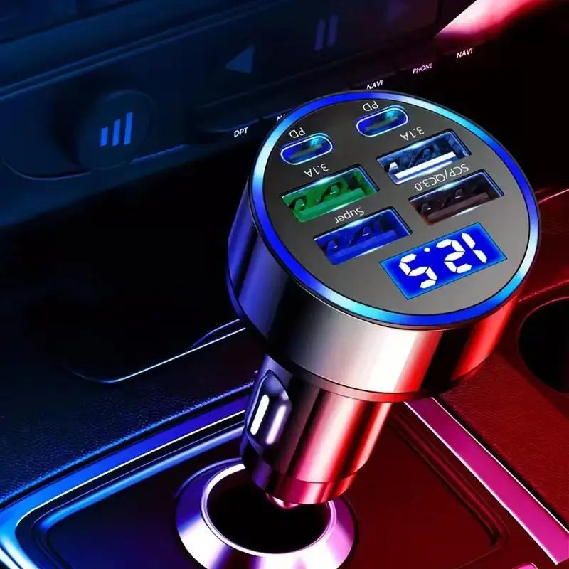 4USB+2PD Fast Charging 300W Car Charger 4 Ports USB Super Charger Type C PD Quick Charge 3.0 Car Charger With Voltage Display