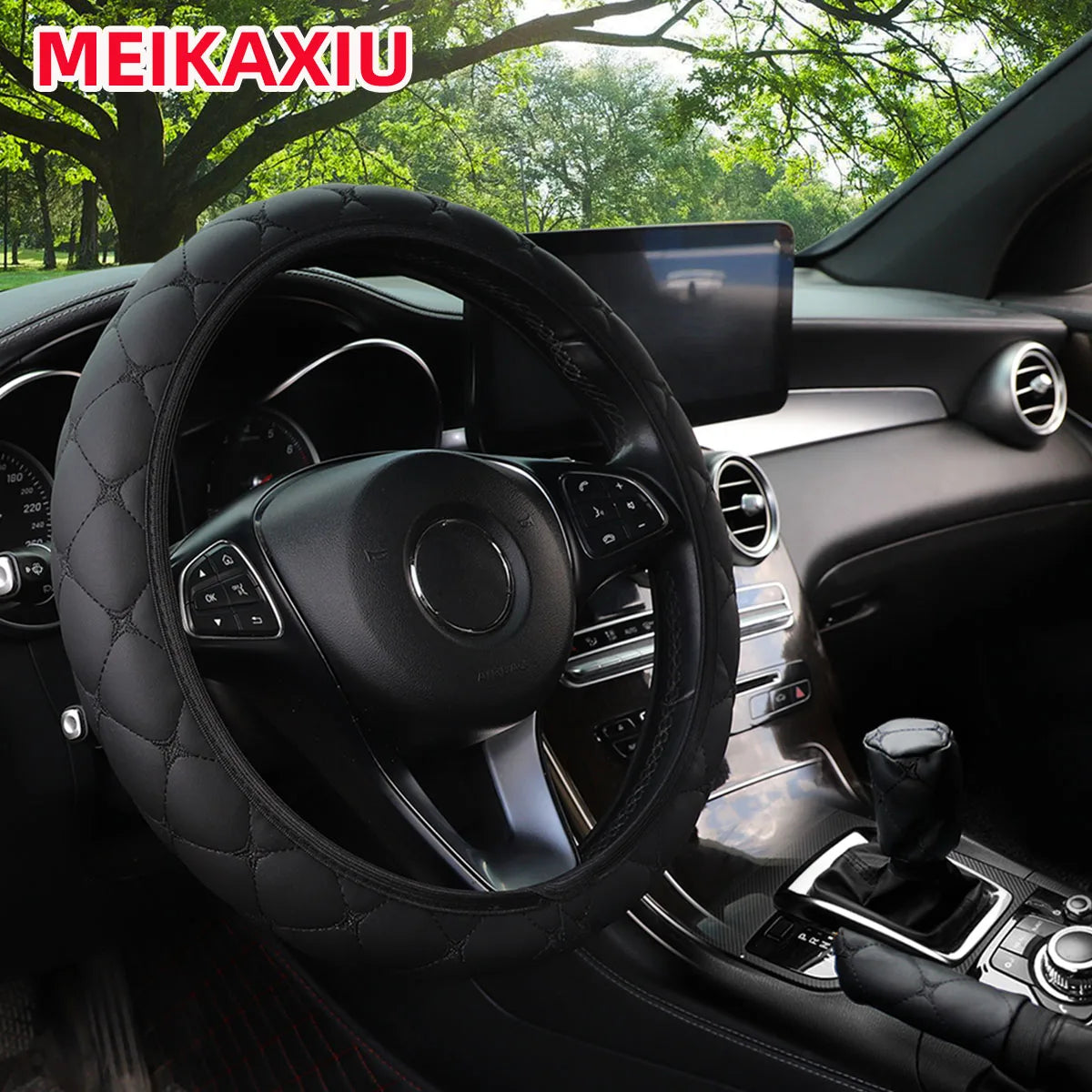 3PCS PU Leather Car Interior Accessories Star Embroidered Steering Wheel Handbrake & Gearshift Cover Set