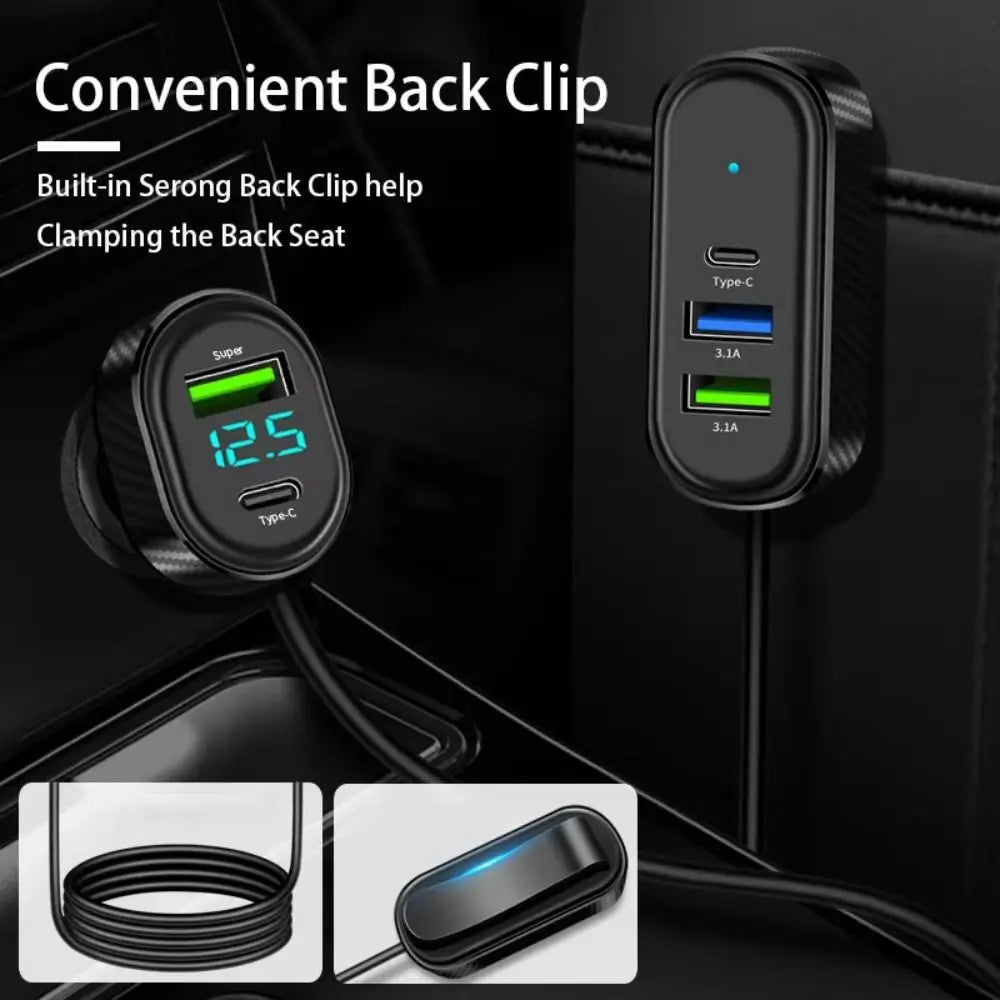 Portable 5 in 1 Car Phone Charger 66W Multi Port Car USB Charger with 1.5M Extension Cable Fast Charging Auto Power Adapter