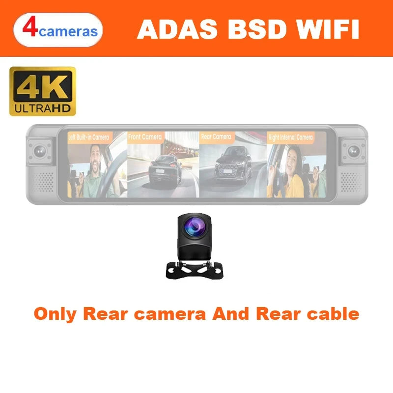 4CH Dash Cam 11" 4K+1K+1K+1K WIFI Rear View Mirror 4 Cameras Video recorder Car DVR ADAS BSD Night Vision 24H Parking Monitor