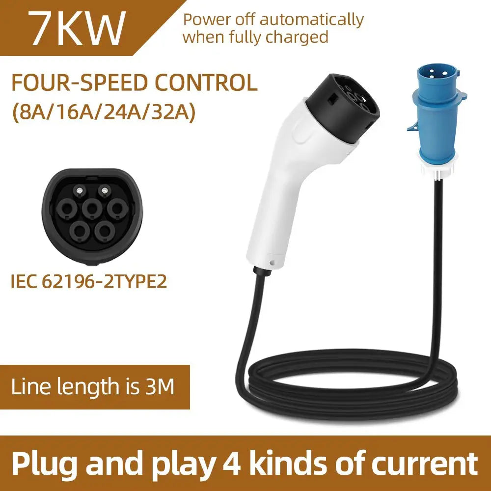 For Electric Vehicle 7KW 32A EV Portable Charger 3M 5M 10M 15M 20M Cable Type2 IEC62196 EVSE CEE Plug Wallbox Adapter