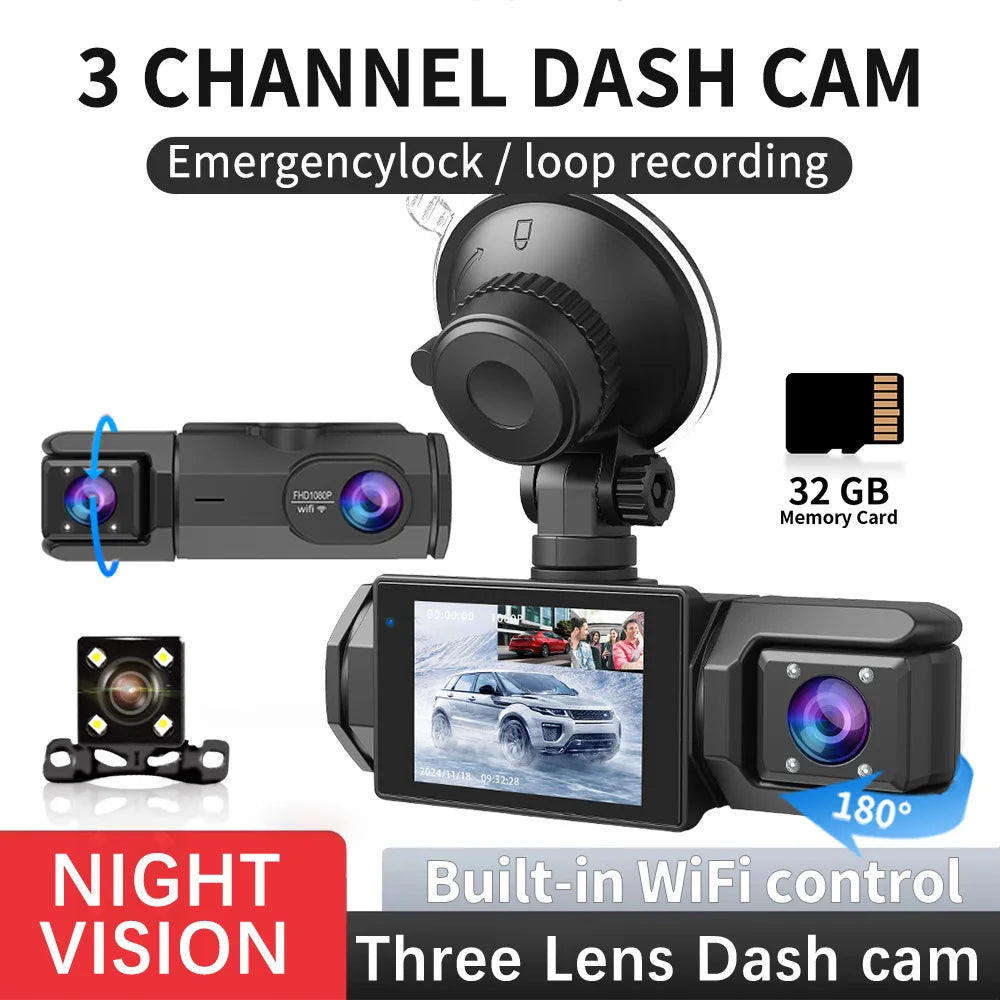 2/3Camera WIFI Dash Cam Cabin Car Dvr 1080P Interior Vehicle Three Way Channel Dvrs Recorder Video Registrator Dashcam Camcorder