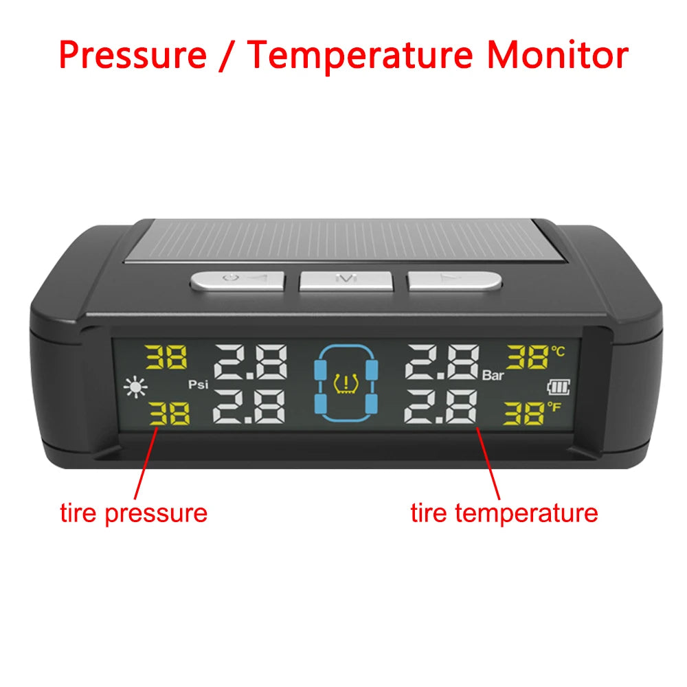 Tire Pressure Monitoring System Auto Security Alarm Systems Solar/USB Powered Tyre Temperature Monitor Car TPMS 4 Sensors