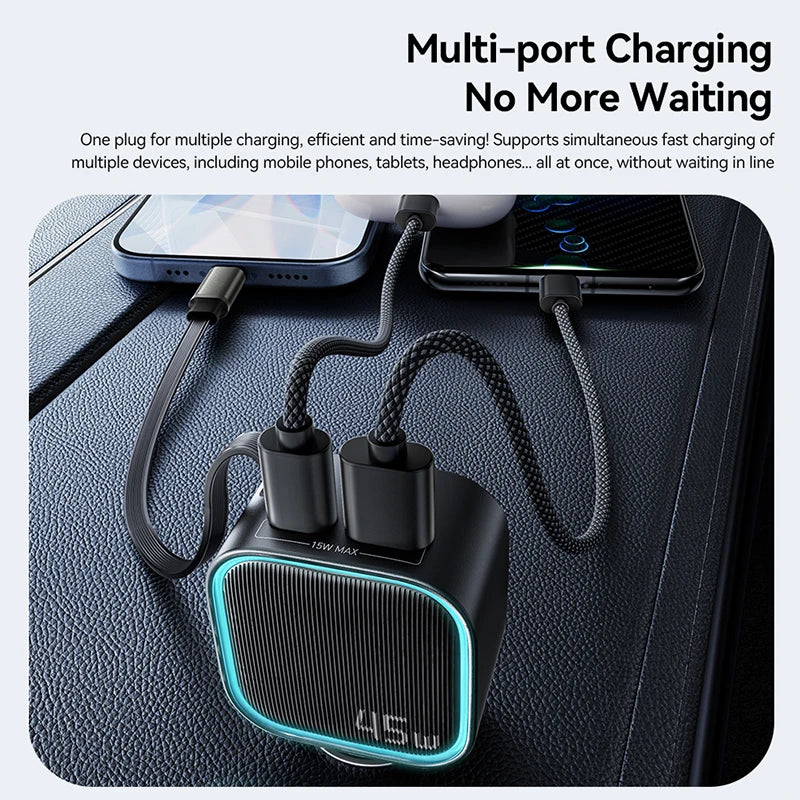 45W Car Charger With Retractable Cable 2-Port USB-C USB-A Multi-Port Fast Charger For Vehicle Mobile Phone Charging