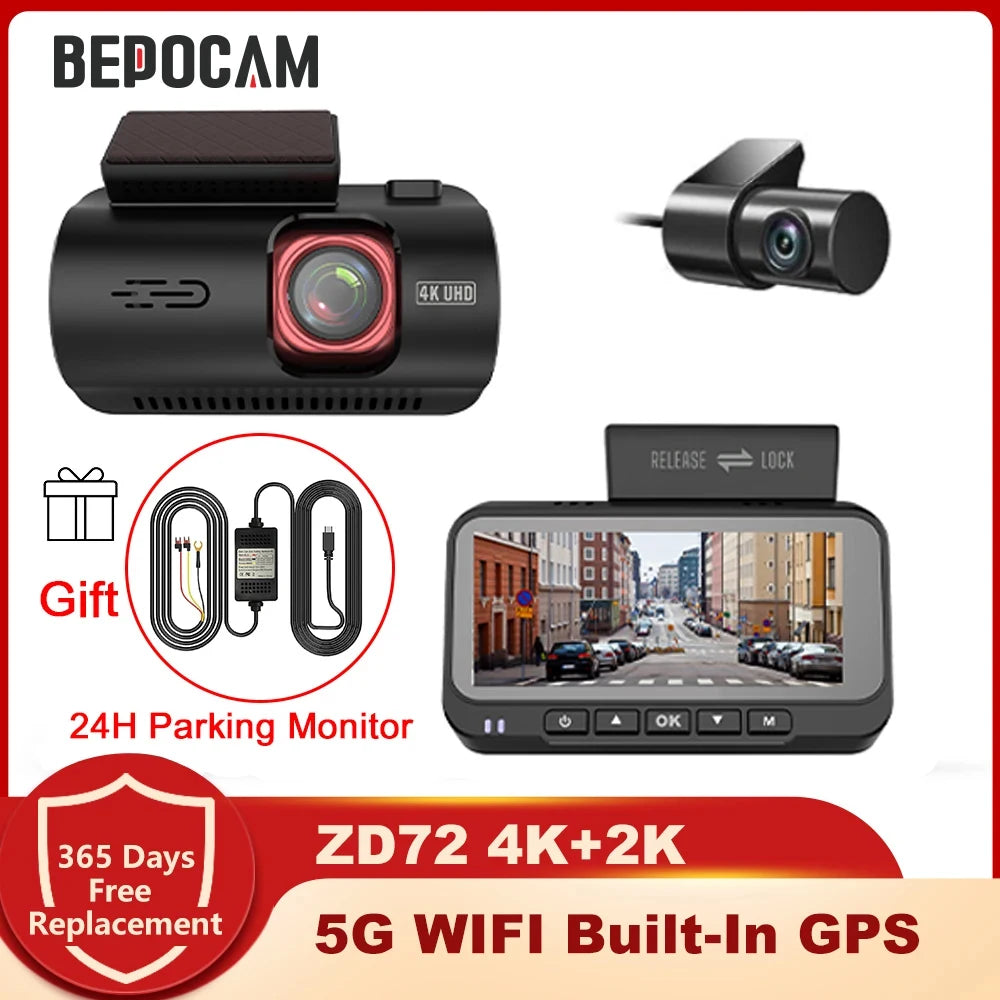 BEPOCAM Dash Cam 4K HD Front Dashcam Smart Car DVR Built-In GPS 5G WiFi Dash Camera Video Recorder 24H Parking  Include Rear Cam