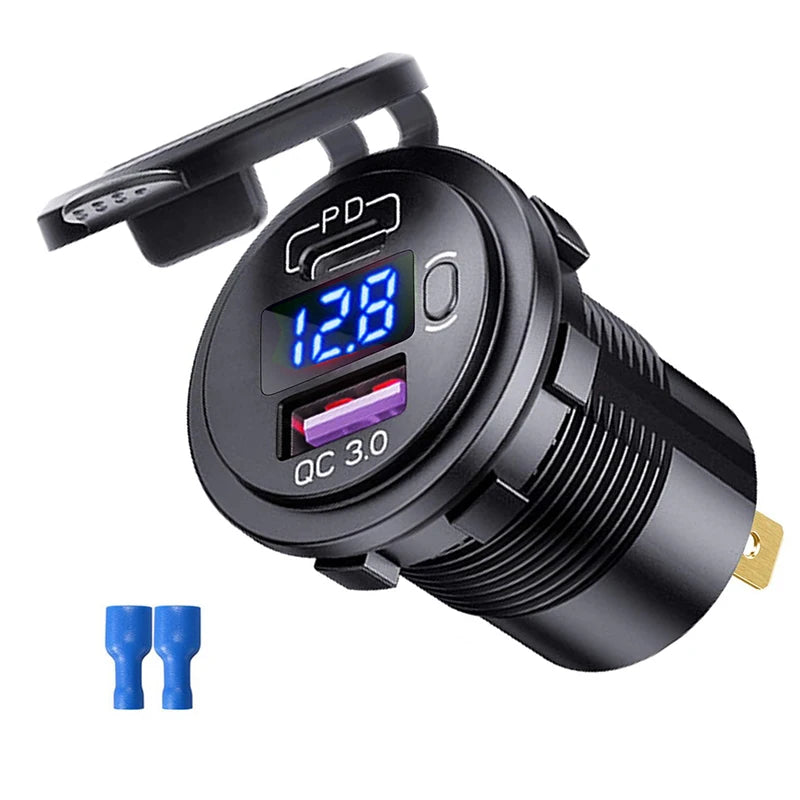 Car USB Charger QC3.0 PD Type C USB with Switch Socket for 12V/24V Vehicles Boat Motorcycle SUV Bus Truck Caravan Marine