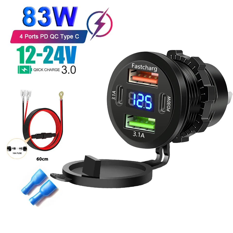 86W Car Charger PD Type C QC3.0 Fast Charging with Voltmeter Power Outlet Adapter Waterproof 12V/24V for Car Boat Motorcycle