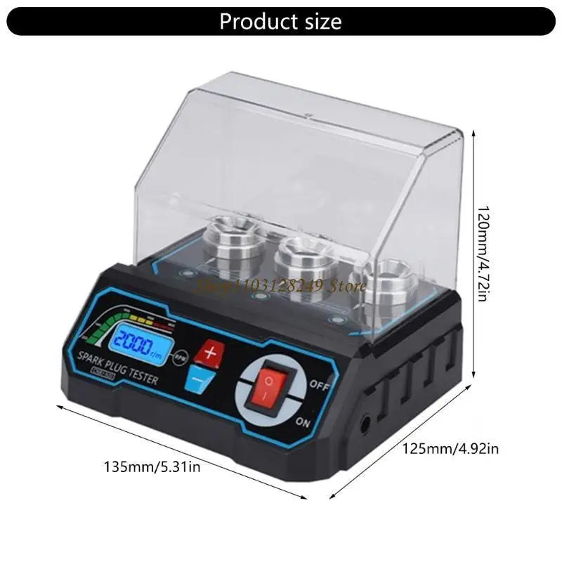 Probador de bujías ajustable con pantalla LCD clara, adecuado para diagnósticos precisos y fácil operación en reparación de automóviles.