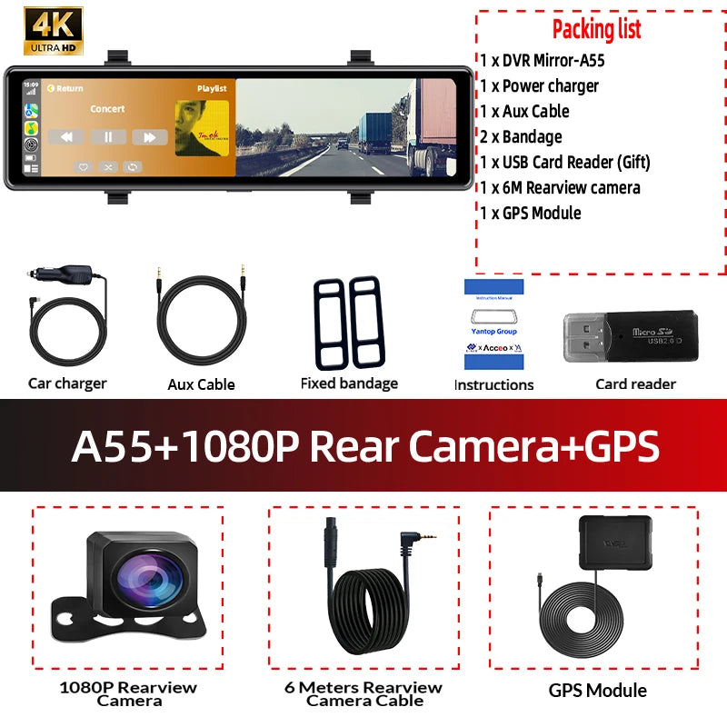 4K Dash Cam Car DVR with 5G WiFi BT FM AUX GPS Optional 1080P Rear View Camera Car Camera Recorder for Android Carplay Driving