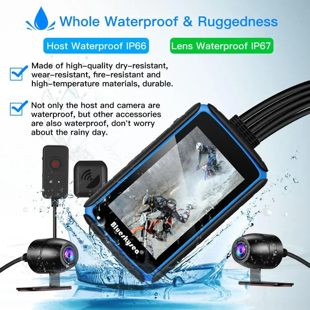 DV988 Motorcycle Dash Cam 1080p  Dual Lens  DVR with 4'' IPS Touch Screen Waterproof IP66 Loop Recording with GPS