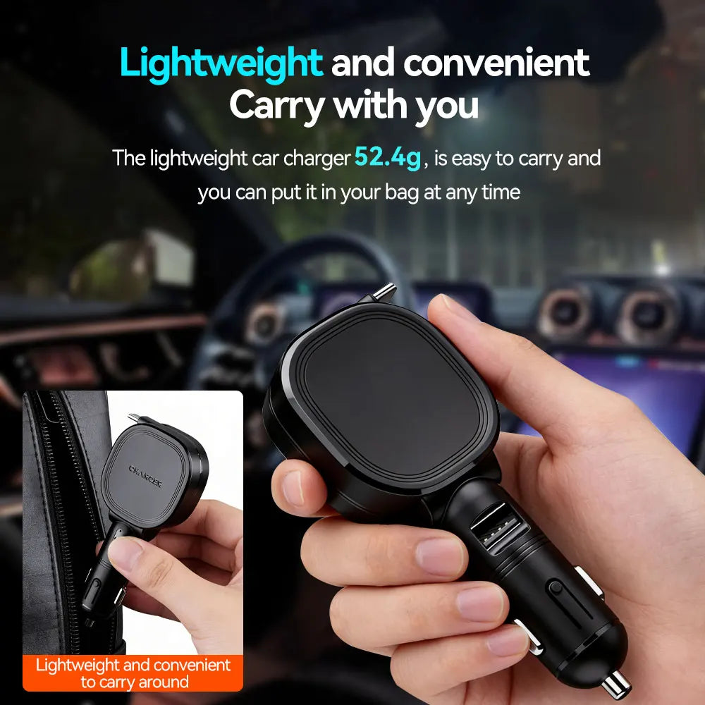 30W Car Charger 2 in 1 Retractable Cable QC PD Fast Car Phone Charger