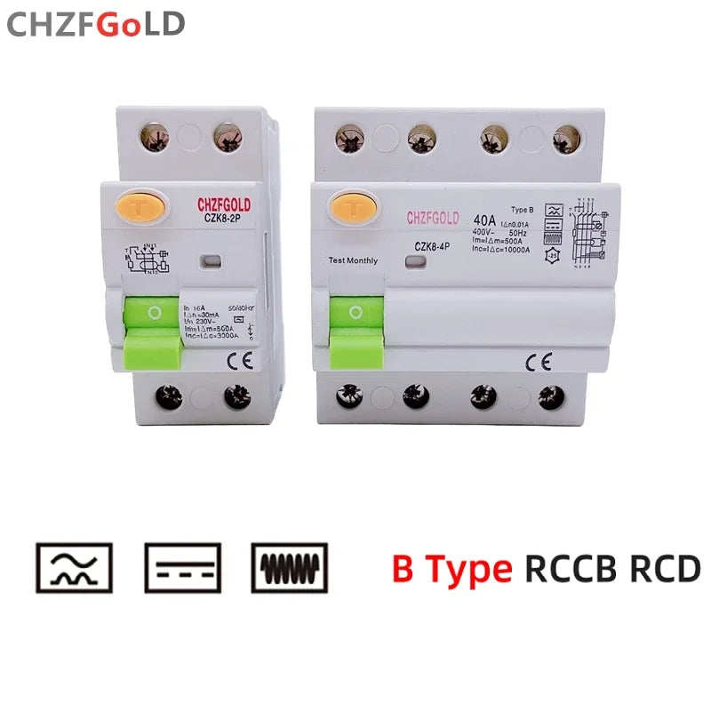 Electric Vehicle EV Charging Pile Residual Current breaker DC RCCB RCD 2P/4P 63A 30mA Type B 6KA CHZFGOLD Din Rail Earth Leakage