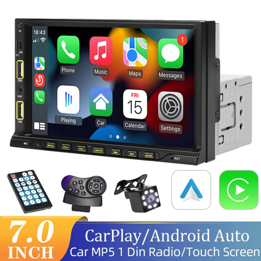 7inch Carplay Android Auto 1 Din Car Radio MP5 Multimedia Player Touch Screen FM Aux Input Bluetooth USB MirrorLink Universal
