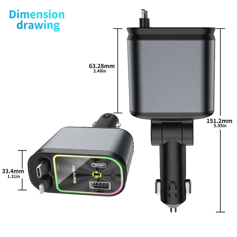 Super Fast Car Phone Charger, 120W Car Phone Charger With Retractable Cables USB And Type-C Port, 4 IN 1 Retractable Car Charger