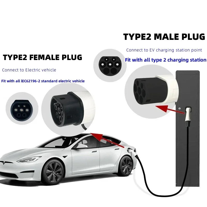 Vehicle Charging Station Replacement Plug for Electric Vehicles 16A 32A EV Charger Type 2 Male Plug to Female IEC62196-2 Adapter