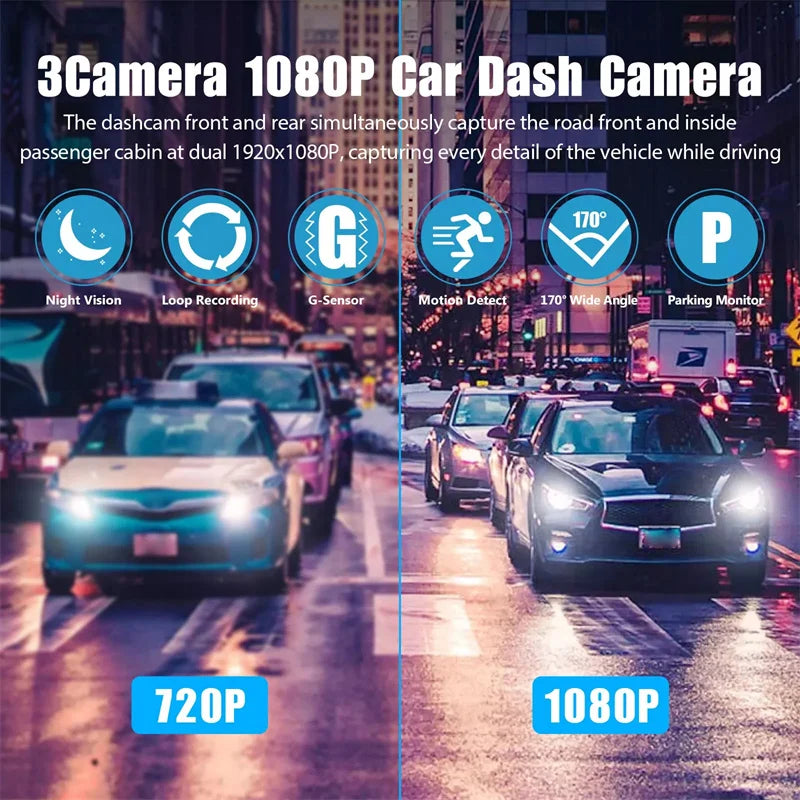 1Set 3 Channel Car DVR HD 1080P 3-Lens Inside Vehicle Dash CamThree Way Camera DVRs Recorder Video Registrator Dashcam Camcorder