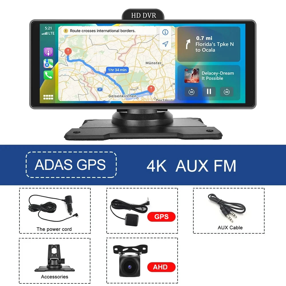 Podofo 10.26" 4K Dash Cam ADAS Wireless Carplay & Android Auto Car DVR Rearview Camera Dashboard Video Recorder GPS Track
