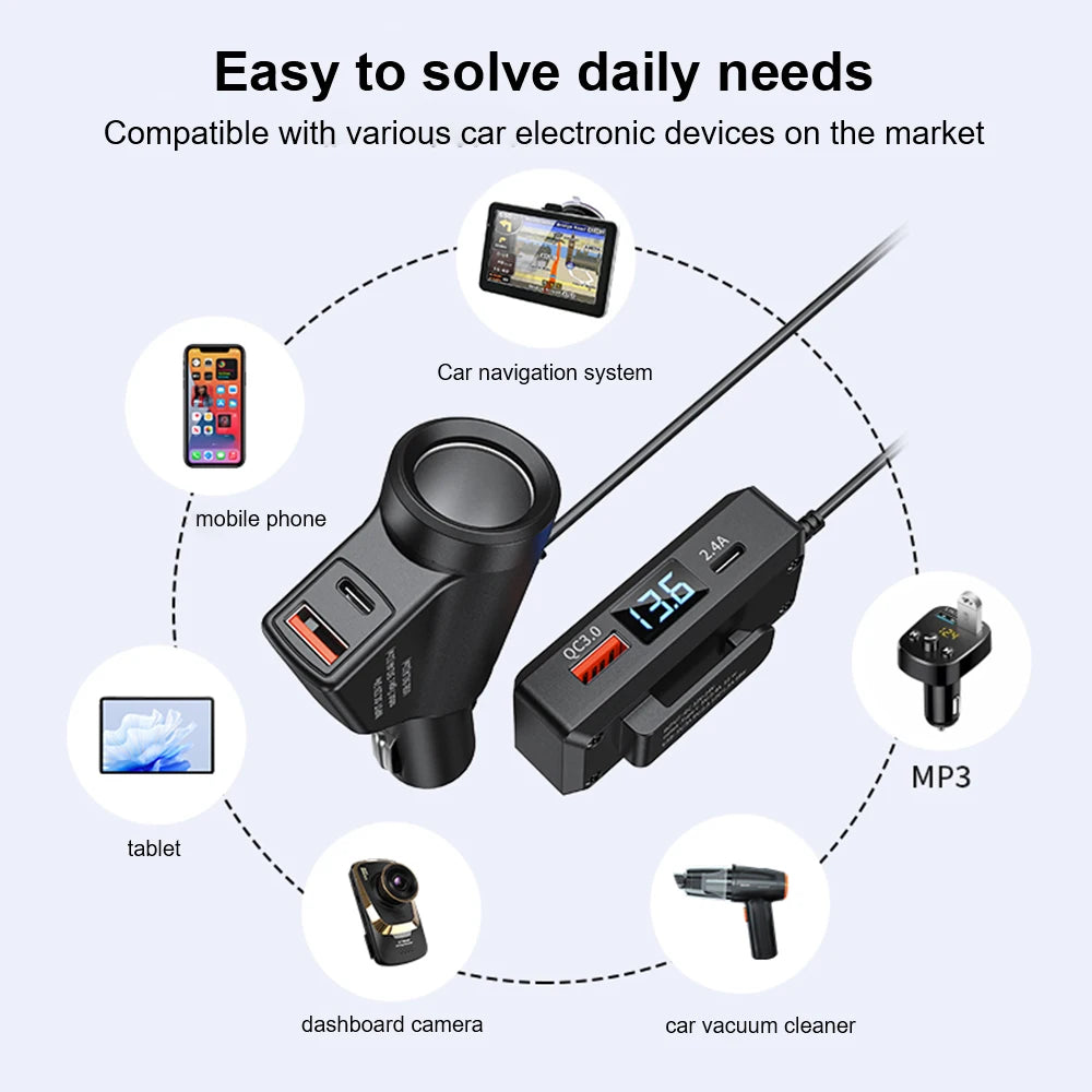 Car Digital Display Vehicle Charger USB Fast Charging Universal Auto Charger Adapter QC3.0+PD TypeC Multifunctional Quick Charge