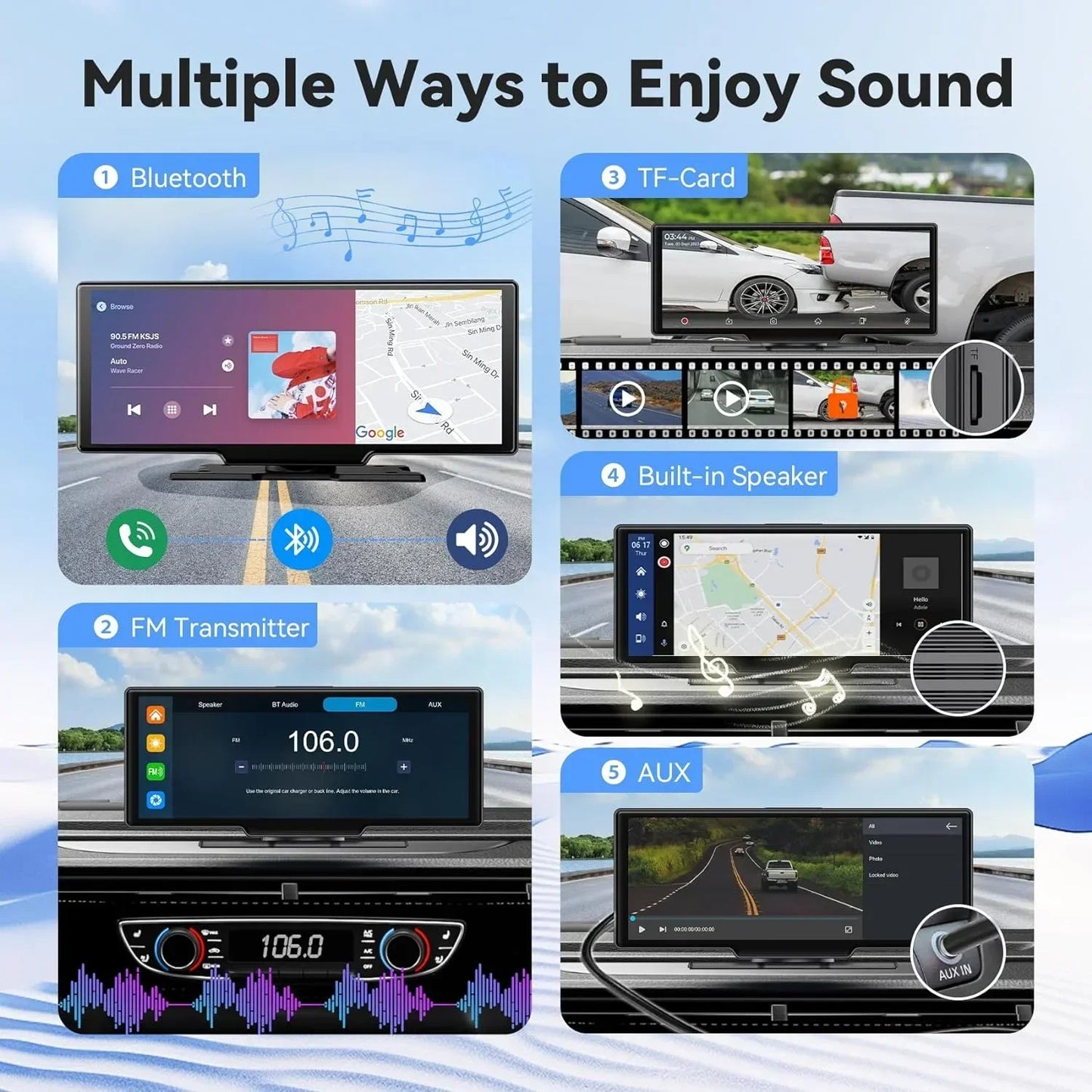 10.26'' Portable 4K Dash Cam Wireless CarPlay Android Auto Car Monitor Dashboard Car DVR Video Recorder GPS FM BT