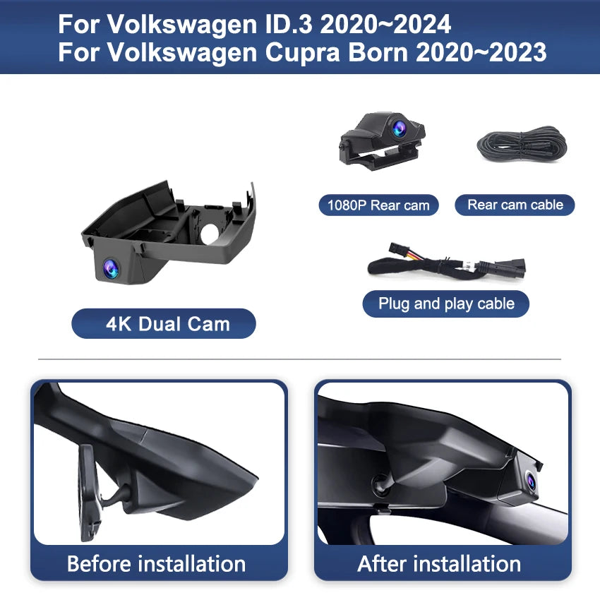 4K Dash Cam For VW ID.3 (ID3) 2020~2023 2024 Cupra Born 2020~2023 2160p Car Camera For Volkswagen Compatible, OEM Style DVR