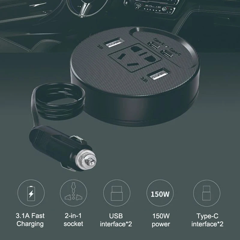 12V/24V to 220V Car Inverter - 150W Quick Charger with USB-C, Fast-Charging Automotive Adapter
