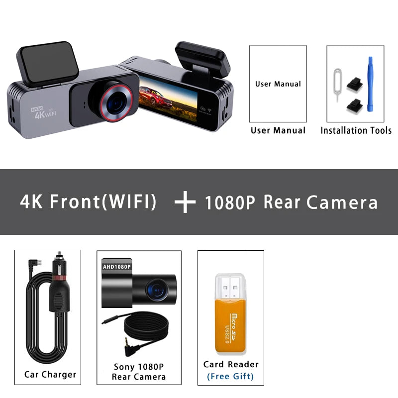Dash Cam 4K 3840*2160P Car DVR WIFI GPS Mini Dual Lens Camera Front and Rear Dashcam Black Box Video Drive Recorder Night Vision