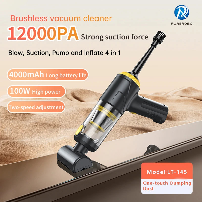 Wireless Vacuum Cleaner USB Chargin、 Blow、Suction、Pump、Inflate 4in1，1 Key to Pour Dust Cordless Portable Car Vacuum Cleaner