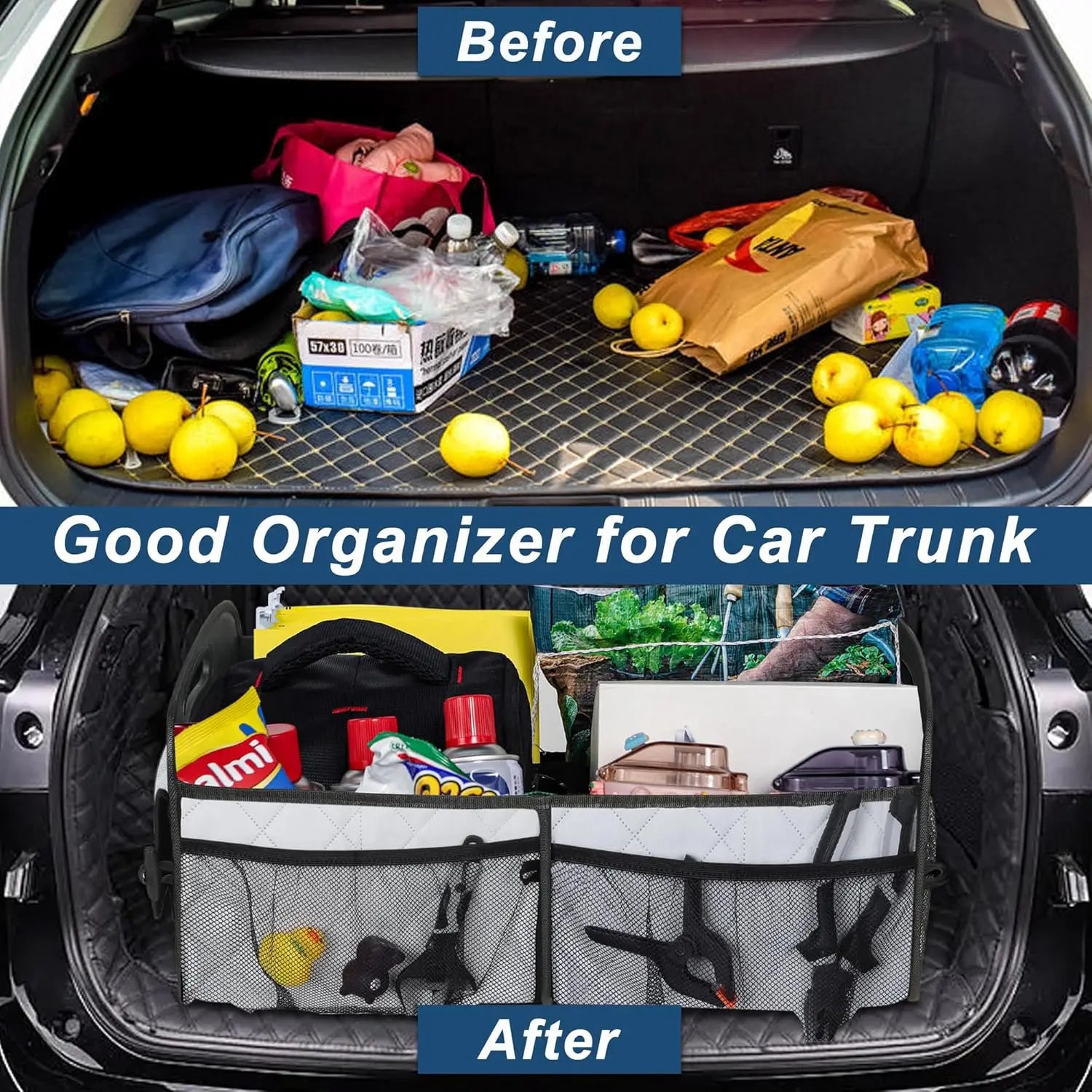 Auto Trunk Organizer with 6 Pockets - Premium Car Storage for Sedan/Truck, Durable Auto Accessories Organizer, Collapsible