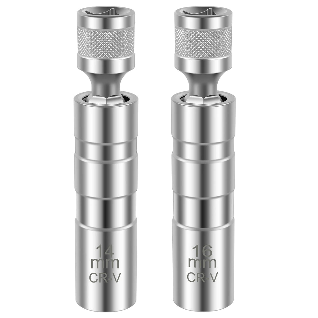 2 llaves de vaso para bujías de 14 mm y 16 mm, giratorias 360°, herramienta de extracción, herramientas de instalación magnéticas.